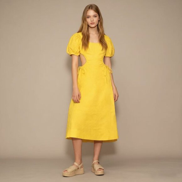 NWOT Farm Rio Linen Beads Puff-Sleeve Cutout Midi Dress Yellow Size L